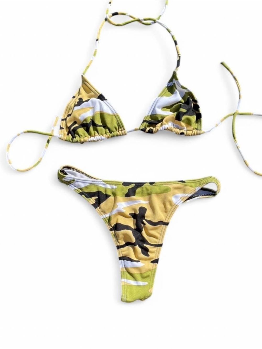 American Vintage Green Camo Triangle String Bikini Set Y2K